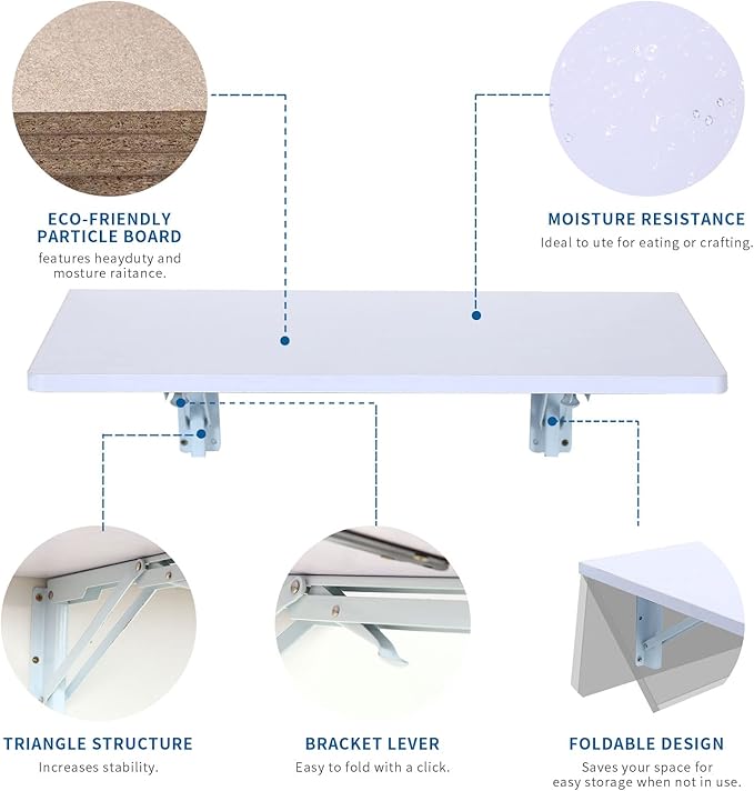 Medium White Folding Wall Desk, 23.6 x 15.8inch, Floating Desk for Small Space, Sturdy Wood, Easy Assembly, Ideal for Home & Commercial Use - LeafyLoom