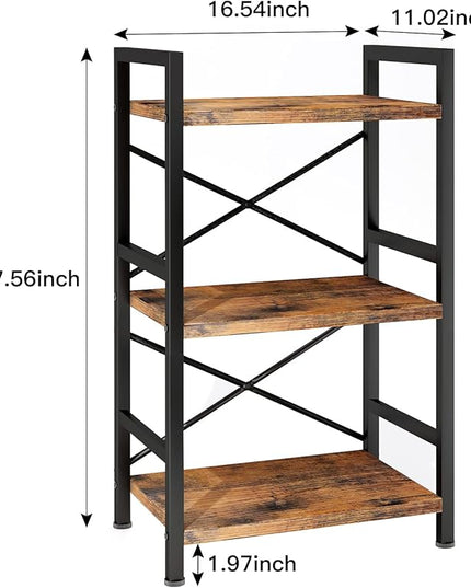 Bookshelf, 3 Tier Industrial Bookcase, Metal Small Bookcase, Rustic Etagere Book Shelf Storage Organizer for Living Room, Bedroom, and Home Office(Rustic Brown) Patent Pending D29873033 - LeafyLoom