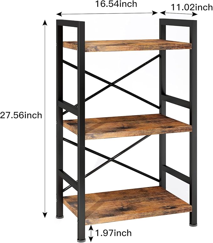 Bookshelf, 3 Tier Industrial Bookcase, Metal Small Bookcase, Rustic Etagere Book Shelf Storage Organizer for Living Room, Bedroom, and Home Office(Rustic Brown) Patent Pending D29873033 - LeafyLoom