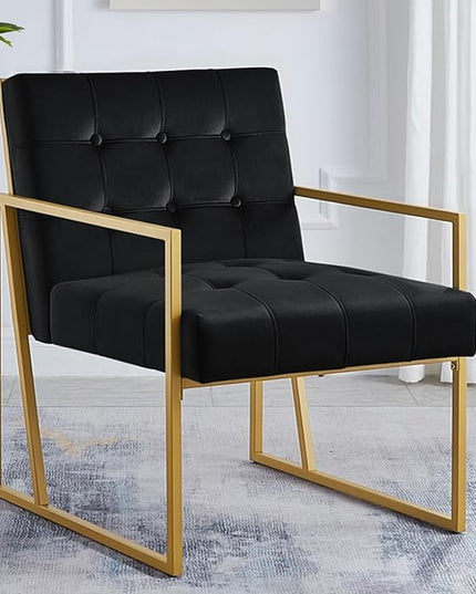 24KF Modern Black Velvet Button Tufted Accent Chair with Golden Metal Stand, Decorative Furniture Chairs for Living Room Bedroom - Black - LeafyLoom