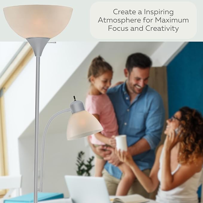 Adjustable Silver Floor Lamp with Reading Light By Light Accents - Susan Modern Standing Lamp For Living Room/Office Lamp 72" Tall - 150-watt With Side Reading Light Corner Lamp (Silver) - LeafyLoom