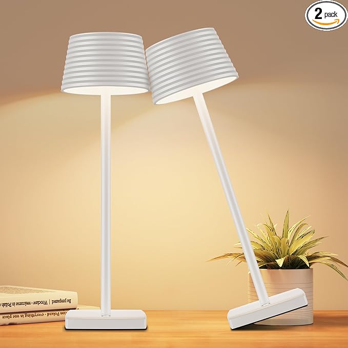 Rechargeable Cordless Table Lamp, Battery 5000mAh Metal Aluminum Housing USB LED Portable Powered Desk Lamp, 3 Levels Brightness Night Light for Restaurants Bars Outdoor (White-2pack) - LeafyLoom