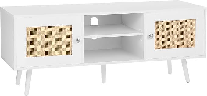 VEVOR Rattan TV Stand, Boho TV Cabinet for 55 inch TV, Mid Century Modern TV Stand, Rattan TV Console with Adjustable Shelfs for Living Room, Media Room, White - LeafyLoom