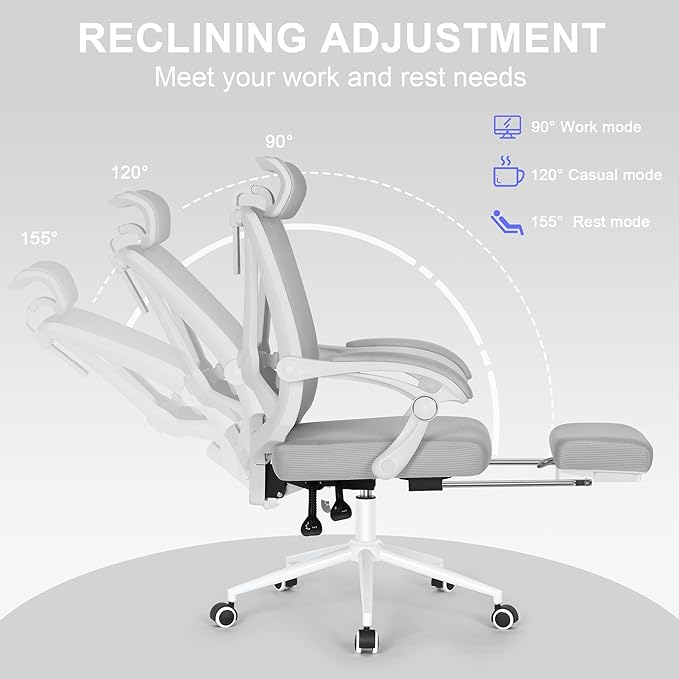 Misolant Ergonomic Office Chair with Footrest, Ergonomic Desk Chair with Adjustable 2D Lumbar Support, High Back Office Chair with Adjustable Headrest, Comfortable Executive Office Chair -Gray - LeafyLoom