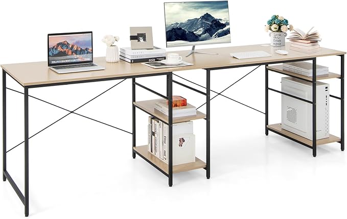 L-Shaped Home Office Desk, Corner Computer Desk w/Monitor Stand, Reversible PC Desk w/Heavy-Duty Metal Frame, Long Office Desk for 2 Person, Space-Saving Design (Natural) - LeafyLoom