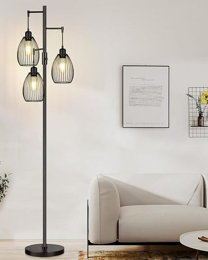 Dimmable Floor Lamp, 3 x 800LM LED Edison Bulbs Included, Farmhouse Industrial Floor Lamp Standing Tree Lamp with Elegant Teardrop Cage Tall Lamps for Living Room Bedroom Office Dining Room-Black - LeafyLoom