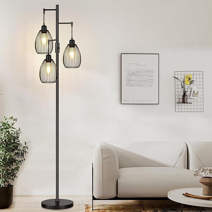 Dimmable Floor Lamp, 3 x 800LM LED Edison Bulbs Included, Farmhouse Industrial Floor Lamp Standing Tree Lamp with Elegant Teardrop Cage Tall Lamps for Living Room Bedroom Office Dining Room-Black - LeafyLoom