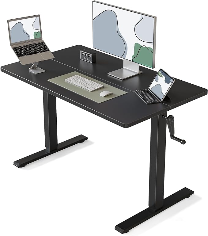 FEZIBO Crank Height Adjustable Desk, 40 Inches Manual Standing Desk, Writing Table with Handle, Home Office Desk with Black Frame/Black Table Top - LeafyLoom