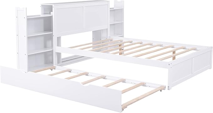 Full Size Bed Frame with Headboard and Twin Trundle, Wood Full Size Platform Bed with Pull Out Storage Shelves Headboard for Bedroom, White - LeafyLoom