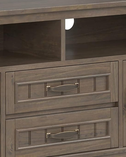 SIMPLIHOME Lev SOLID WOOD 72 Inch Wide Contemporary TV Media Stand in Smoky Brown for TVs up to 80 Inches, For the Living Room and Entertainment Center - LeafyLoom