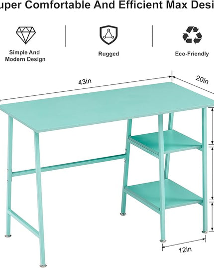 VECELO 43 Inch Computer Desk Writing Study Work Office Table Modern desk with shelves wooden desk for Home Bedroom,Blue Desk - LeafyLoom
