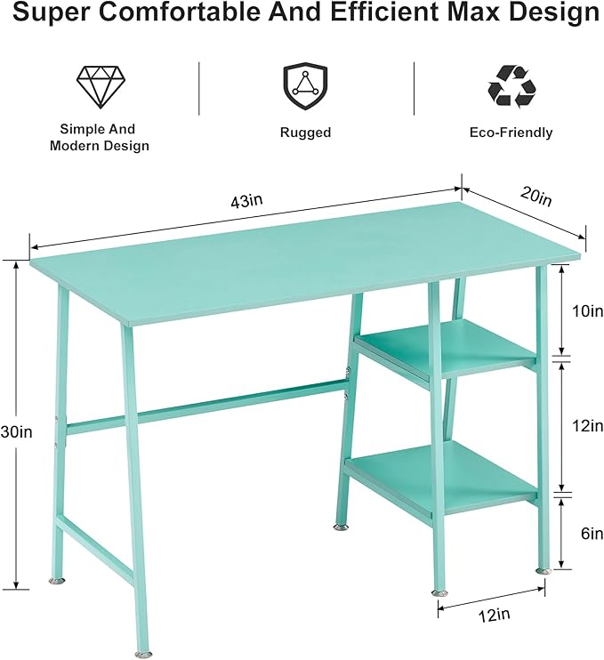 VECELO 43 Inch Computer Desk Writing Study Work Office Table Modern desk with shelves wooden desk for Home Bedroom,Blue Desk - LeafyLoom