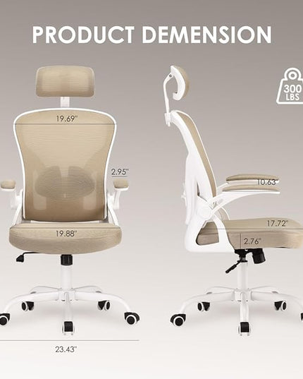 Farini Ergonomic Office Chair, Home Office Desk Chair with Headrest, High Back Computer Chair with Flip-up Armrests and Adjustable Lumbar Support for Home Office Study Room Bedroom, Khaki. - LeafyLoom
