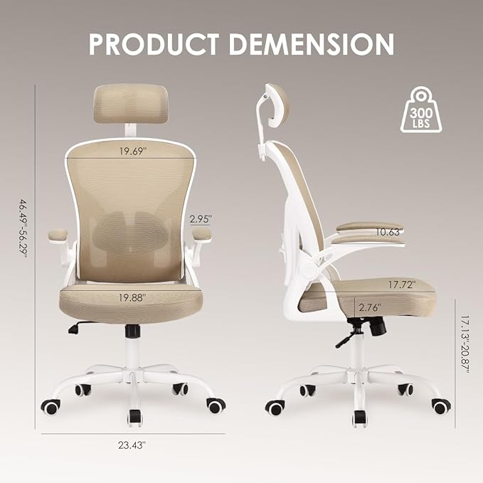 Farini Ergonomic Office Chair, Home Office Desk Chair with Headrest, High Back Computer Chair with Flip-up Armrests and Adjustable Lumbar Support for Home Office Study Room Bedroom, Khaki. - LeafyLoom