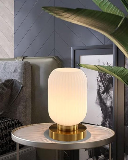 Modern Glass Table Lamp with Ribbed Shade, White, 10.6 x 5.9 inches, E26, for Bedside Bedroom Living Room Office - LeafyLoom