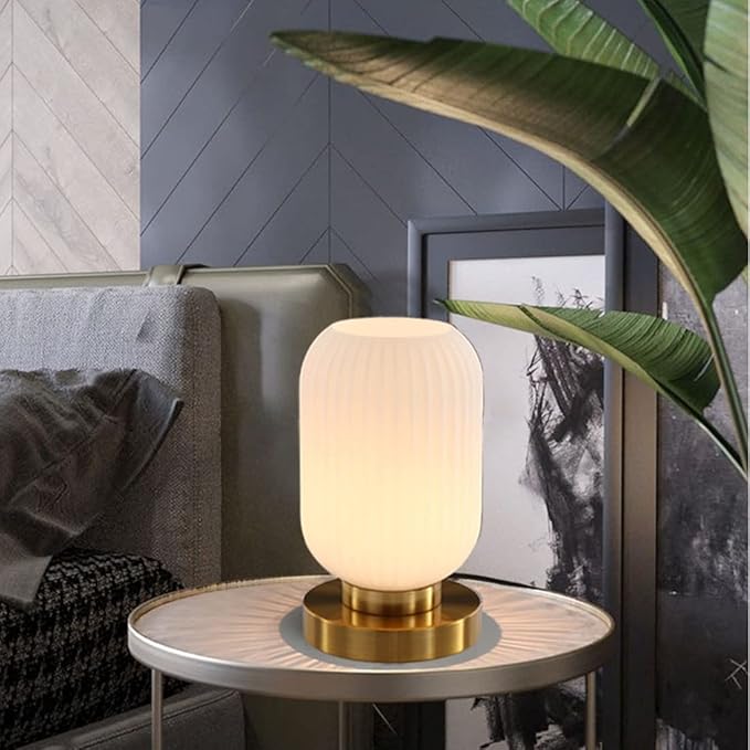 Modern Glass Table Lamp with Ribbed Shade, White, 10.6 x 5.9 inches, E26, for Bedside Bedroom Living Room Office - LeafyLoom