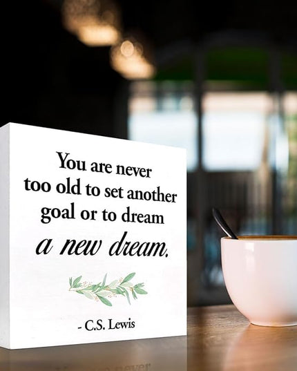 Inspirational Wood Box Sign Desk Decor,You are Never Too Old to Set Another Goal Wood Plaque Signs,Rustic Positive Wooden Block Sign for Home Office Shelf Desk Table Decoration C1064 - LeafyLoom