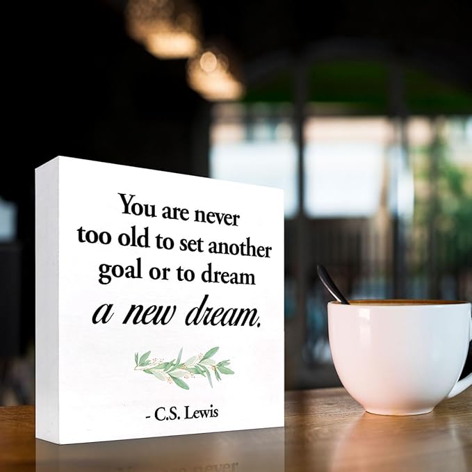 Inspirational Wood Box Sign Desk Decor,You are Never Too Old to Set Another Goal Wood Plaque Signs,Rustic Positive Wooden Block Sign for Home Office Shelf Desk Table Decoration C1064 - LeafyLoom