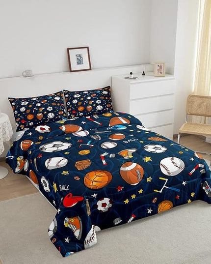 Feelyou Sports Theme Comforter Set 3D Blue Ball Bedding Set Baseball Football Basketball Comforter for Children Kids Boys Girls Microfiber Competitive Games Duvet Set Room Decor Quilt Set Queen Size - LeafyLoom