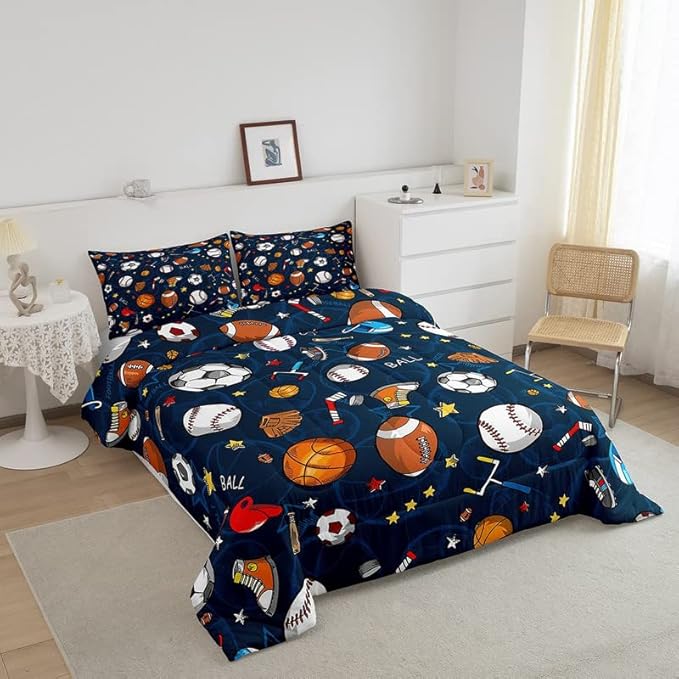 Feelyou Sports Theme Comforter Set 3D Blue Ball Bedding Set Baseball Football Basketball Comforter for Children Kids Boys Girls Microfiber Competitive Games Duvet Set Room Decor Quilt Set Queen Size - LeafyLoom
