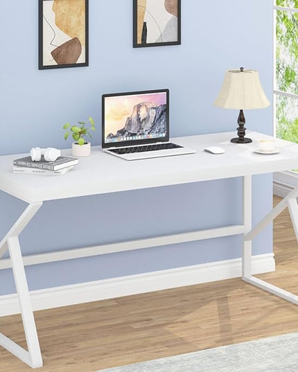 HSH White Computer Desk, Modern Wood Home Office Desk, PC Desk for Executive Work Writing Study Gaming Student Bedroom, Farmhouse Simple Wooden and Metal Computer Table Workstation, White Oak 55 Inch - LeafyLoom