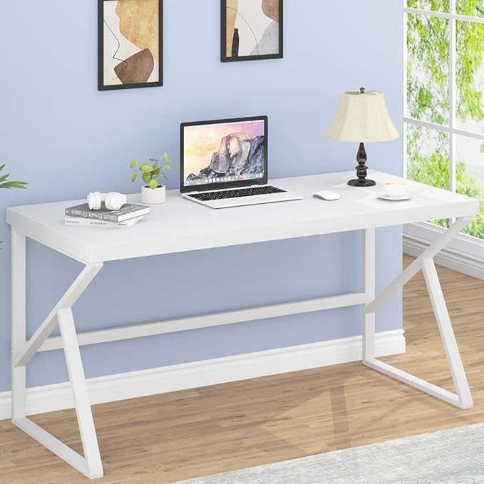 HSH White Computer Desk, Modern Wood Home Office Desk, PC Desk for Executive Work Writing Study Gaming Student Bedroom, Farmhouse Simple Wooden and Metal Computer Table Workstation, White Oak 55 Inch - LeafyLoom