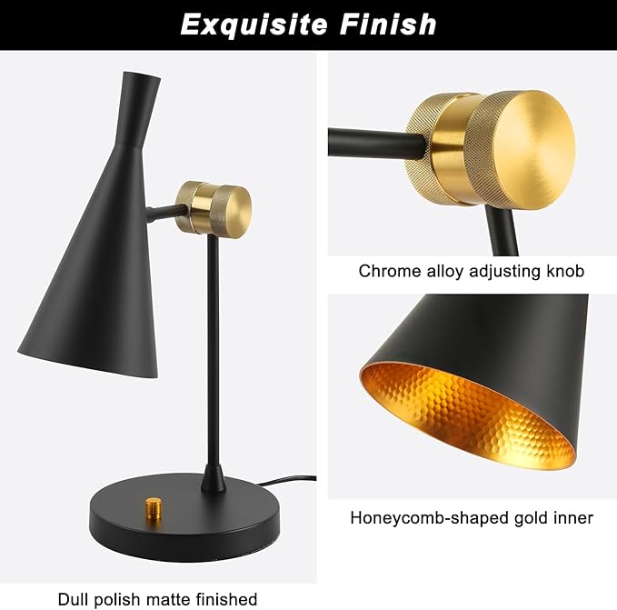 Vintage Industrial Table Lamp For bedroom, Adjustable Dimmable Desk Lamp, Brass Inner Shade Metal Table Lamp for Study, Home Office, Bedside, Nightstand, Reading Lamp Modern Mid-century, Black - LeafyLoom