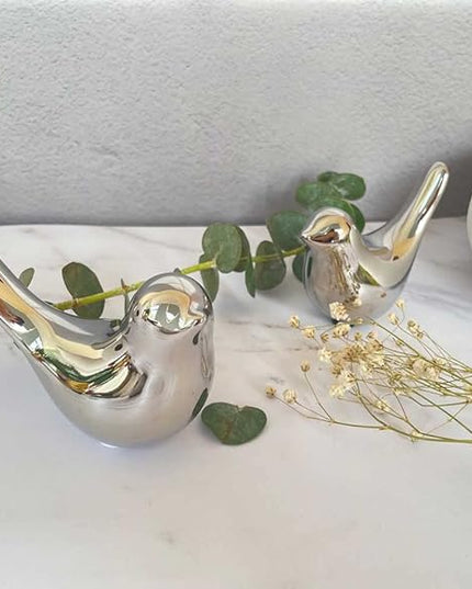 Cute Shelf Decor Birds, Small Animal Figurines Home Decor, Ceramic Silver Birds Shelf Decorations for Living Room Bedroom Bookshelf Table Top - LeafyLoom