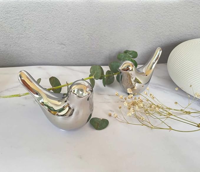 Cute Shelf Decor Birds, Small Animal Figurines Home Decor, Ceramic Silver Birds Shelf Decorations for Living Room Bedroom Bookshelf Table Top - LeafyLoom