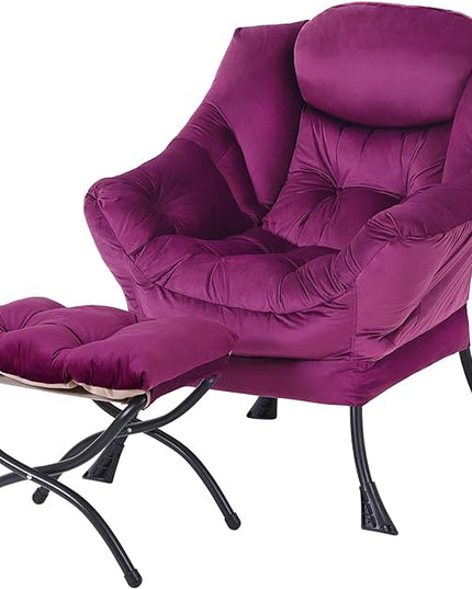 Lazy Chair with Ottoman, Modern Accent Chair Contemporary Lounge Leisure Upholstered Sofa Chair Set with Armrests, Reading Chair for Living Room, Bedroom, Office, Dark Purple - LeafyLoom