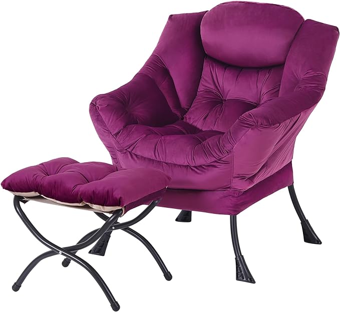 Lazy Chair with Ottoman, Modern Accent Chair Contemporary Lounge Leisure Upholstered Sofa Chair Set with Armrests, Reading Chair for Living Room, Bedroom, Office, Dark Purple - LeafyLoom