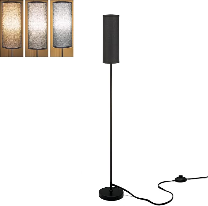 LED Floor Lamp Simple Design, Modern Floor Lamp with Shade, Tall Lamps for Living Room Bedroom Office Dining Room Kitchen, Black Pole Lamp with Foot Switch (with Bulb)(Black Shade) - LeafyLoom