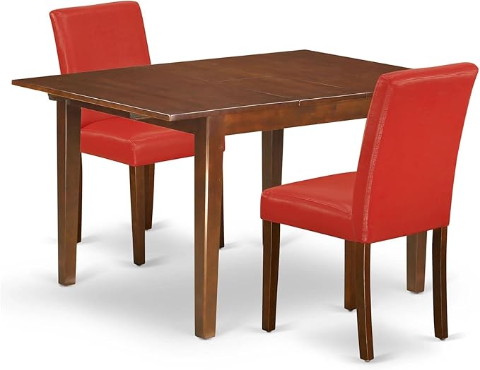 East West Furniture NOAB3-MAH-72 3 Piece Room Set Contains a Rectangle Wooden Table with Butterfly Leaf and 2 Firebrick Red Faux Leather Parsons Dining Chairs, 32x54 Inch - LeafyLoom