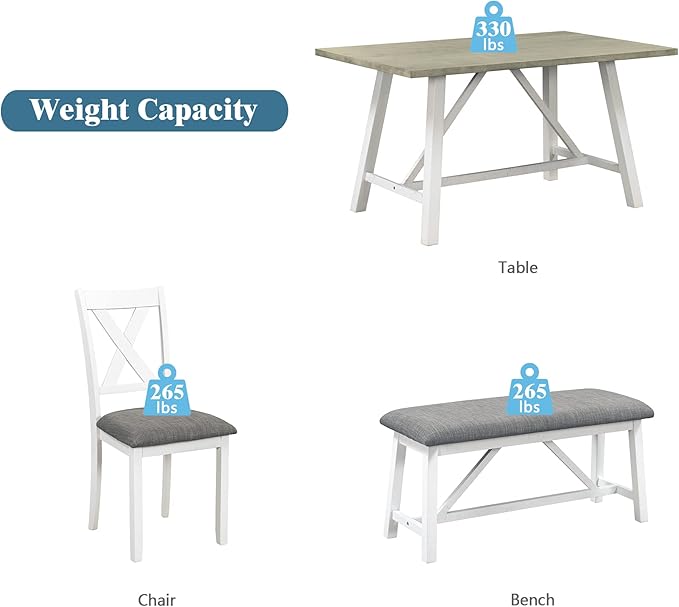 6-Piece Wood Rectangle Dining Table Set with Bench and 4 Upholstered Chairs for Kitchen Living Room, Farmhouse Rustic Style, White+Gray, 60" L x 36" W x 29.9" H - LeafyLoom
