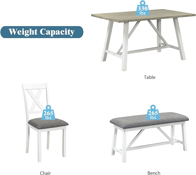Dining Room Table Set for 6, Wood Kitchen Table Set with 4 Upholstered Chairs & 1 Padded Bench, 6-Piece Rustic Style Dining Table and Chairs for Kitchen, Dining Room, White+Grey - LeafyLoom