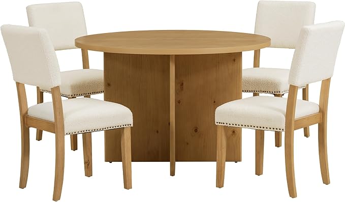 Modern Round Pedestal Kitchen 4 Upholstered Chairs, Rubber Wood, Easy Assembly, for Studio, Apartment, Small Places, Room, 5 Piece Dining Table Set, Natural 15 - LeafyLoom