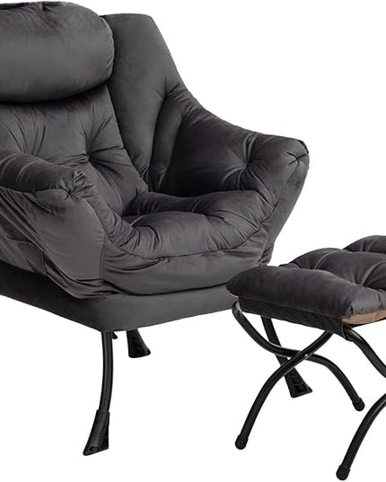 HollyHOME Fabric Lazy Chair with Foldable Ottoman, Accent Comfy Lounge Arm Chair and Folding Footrest Stool Set, Leisure Sofa Reading Chair and Footstool for Living Room, Bedroom, Dorm, Smoky Grey - LeafyLoom