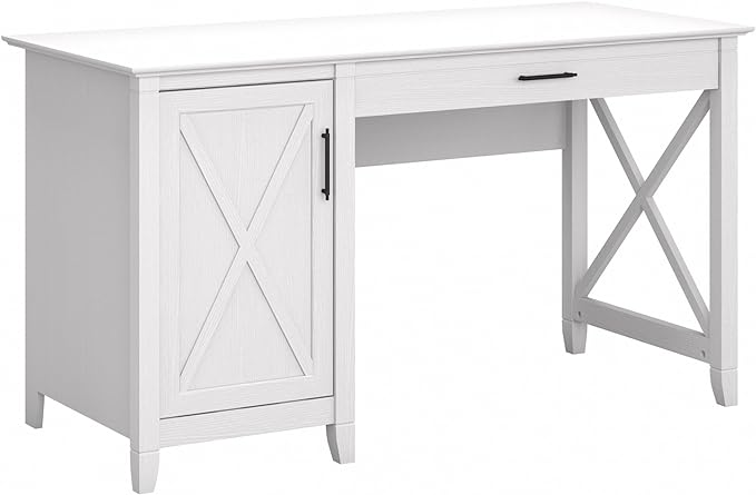Bush Furniture Key West Computer Desk with Storage | Farmhouse PC Table for Home Office, 54W, Pure White Oak - LeafyLoom