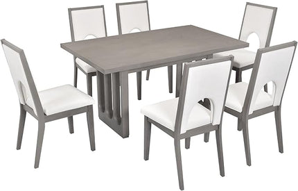 7-Piece Farmhouse Dining Set with Rectangular Table and 6 Upholstered Chairs, Minimalist Solid Wooden Kitchen Suit for Living Room, Home Restaurant, Easy to Install, Grey+White - LeafyLoom