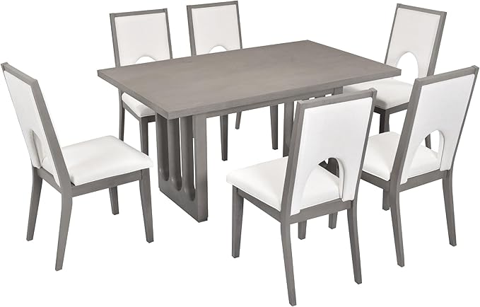 7-Piece Farmhouse Dining Set with Rectangular Table and 6 Upholstered Chairs, Minimalist Solid Wooden Kitchen Suit for Living Room, Home Restaurant, Easy to Install, Grey+White - LeafyLoom