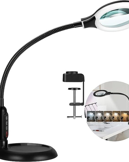 5X Magnifying Glass with Light and Clamp, 5 Color Modes Stepless Dimmable Lighted Magnifier with Stand, Flexible Gooseneck LED Desk Lamp hands Free for Craft Reading Painting Hobby Close Work - LeafyLoom