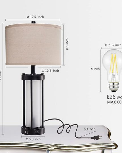 Set of 2 Modern Table Lamps for Living Room with 2 USB Ports, White Frosted Glass Nightlight for Bedroom, Contemporary Desk Lamps for Nightstand End Table Entryway, 4 Bulbs Included (Black) - LeafyLoom