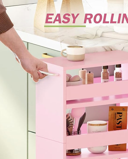 TEAMIX 4 Tier Slim Storage Cart with Handle, Pink Laundry Room Cart Between Washer and Dryer Rolling Narrow Kitchen Cart for Small Spaces (Pink, 5-1/2'' W) - LeafyLoom
