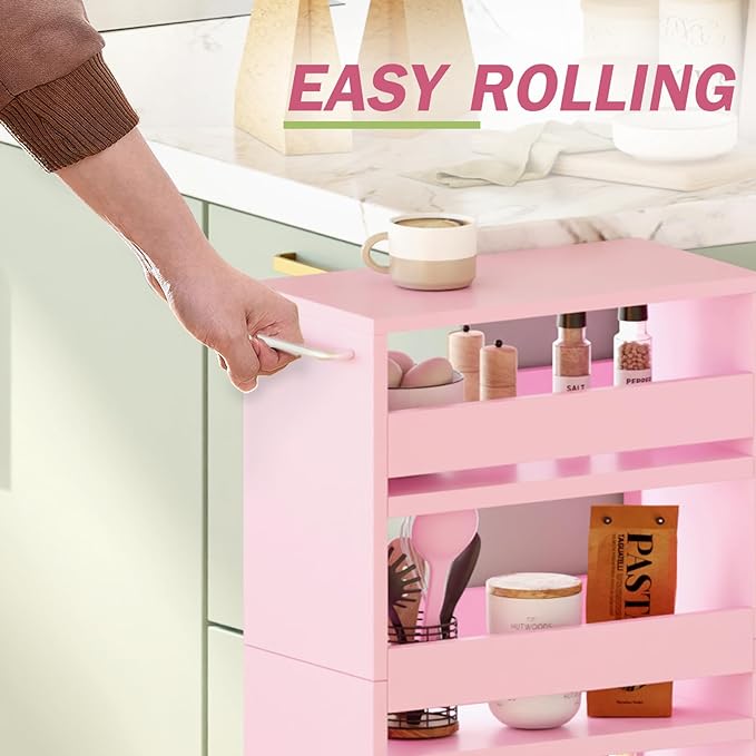 TEAMIX 4 Tier Slim Storage Cart with Handle, Pink Laundry Room Cart Between Washer and Dryer Rolling Narrow Kitchen Cart for Small Spaces (Pink, 5-1/2'' W) - LeafyLoom