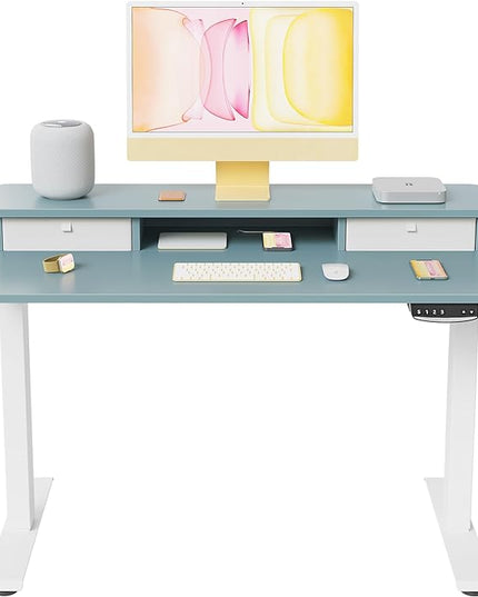 FEZIBO 48 x 24 Inch Height Adjustable Electric Standing Desk with Double Drawer, Stand Up Desk with Storage Shelf, Sit Stand Desk, Blue - LeafyLoom