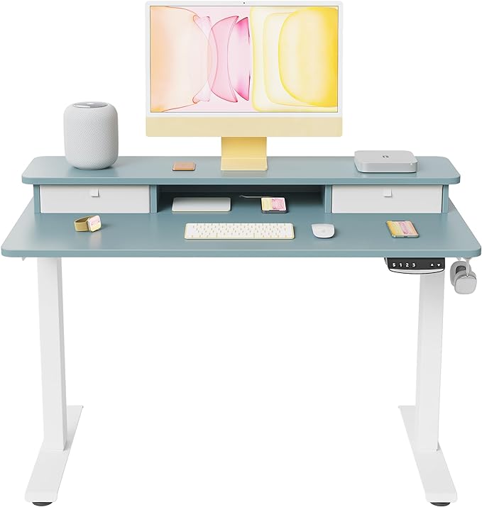 FEZIBO 48 x 24 Inch Height Adjustable Electric Standing Desk with Double Drawer, Stand Up Desk with Storage Shelf, Sit Stand Desk, Blue - LeafyLoom