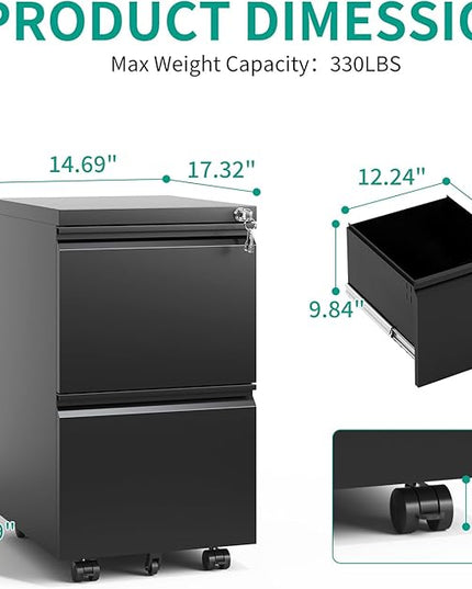 2 Drawer Mobile File Cabinet with Lock,Under Desk Metal Filing Cabinet for Home Office,Steel Small Rolling File Cabinet with 2 Keys for Legal/Letter/A4 Size Fully Assembled Except Wheels (Black) - LeafyLoom