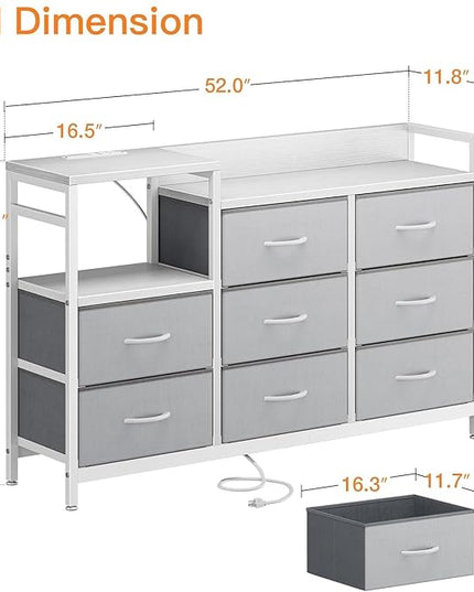 ODK Dresser with Charging Station, 52-Inch Long Dresser TV Stand for Bedroom, Large Dresser with 8 Storage Drawers, Chest of Drawers Easy-Pull Fabric Dressers for Living Room, White and Light Grey - LeafyLoom