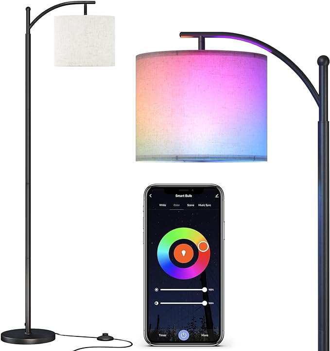SUNMORY ARC Floor lamp, Smart APP Remote Control Standing floor lamp with RGB Bulb, Tall Lamp with Hanging Lampshade, Dimmable Floor Lamp, Modern Floor Lamps for Living Room, Bedroom, Office - LeafyLoom