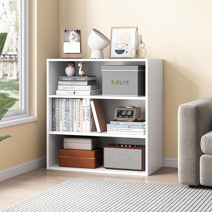 Basic Open Shelf Bookcase - 3-Tier Wooden Cube Storage Shelves Split Bookshelf, White - LeafyLoom